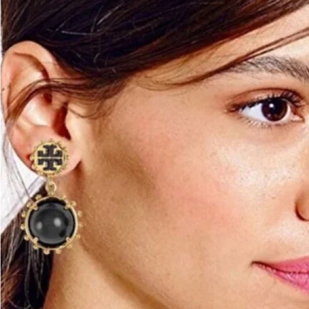 TORY BURCH WINSLOW BLACK + GOLD DROP EARRINGS - Picture 10 of 10